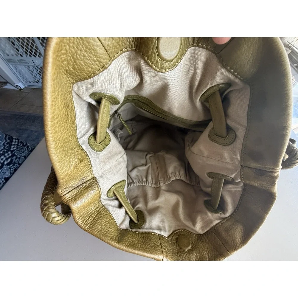 Elliott Lucca Olive Pebbled Soft Leather Hobo Shoulder Bag Woven Handle Boho